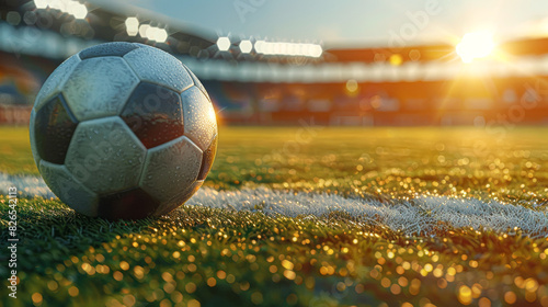 Captivating Soccer Ball Close-Up on Penalty Spot at Sunset Stadium with Soft Blurred Stands - Suspenseful Sports Moment
