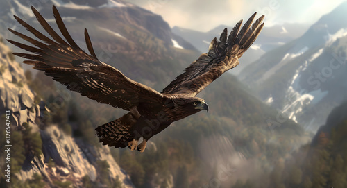 Majestic Eagle Soaring High Above Rugged Mountain Landscape in Dramatic Sky