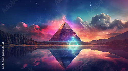 Surreal landscape with triangle pyramid concept poster. Abstract geometric wallpaper background. Cyberpunk vaporwave style. Raster bitmap digital illustration. AI artwork.