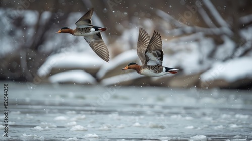 Winter flying over the river by a pair of Goosanders