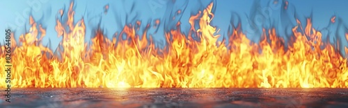 A vibrant image of blazing flames against a clear blue sky, showcasing intense fire and heat with dramatic visual effects.