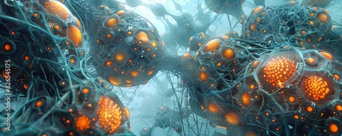 Capture the essence of a surreal underwater realm with a high-angle view of a research network Utilize a blend of CG 3D techniques to depict nodes resembling futuristic buoys and l