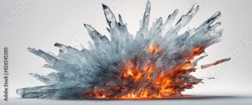 Dynamic explosion of fiery orange flames and sharp icy shards, symbolizing a powerful clash between fire and ice, against a stark white background.