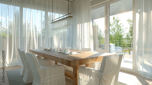 modern summer dining room showcasing a wooden table, white linen chairs, and light sheer curtains, with sunlight streaming through floor-to-ceiling windows