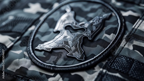 Emblem with grey camouflage design available for free