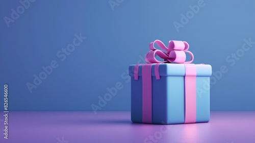 A 3D beautifully wrapped blue gift box with a pink ribbon and bow on a purple surface, perfect for celebrations and holidays.