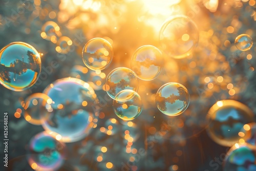 Iridescent bubbles drifting in the golden light of dawn.