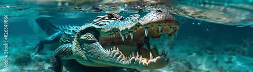 Crocodile underwater with mouth open, showing teeth, clear blue water