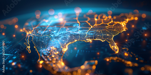 Abstract digital map of USA, America network connectivity, data transfer technology