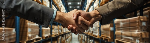 Handshake in warehouse aisle, business agreement