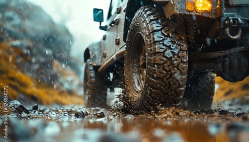 Offroad vehicles tire kicking up mud, action shot, rugged terrain