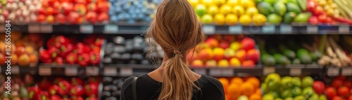 Woman in supermarket, colorful produce display, rear view