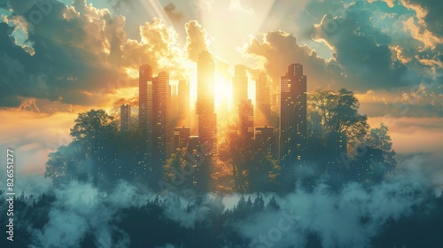 Futuristic towers expanding skyward with small trees close up, focus on, copy space Radiant urban skyline Double exposure silhouette with sustainability