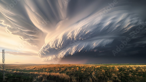 Sculpted super-cell, a mesocyclone weather formation thunderstorm clouds, drifting majestically across the Nebraska sand hills.