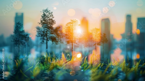 Cityscape expanding upward with small trees close up, focus on, copy space Lively downtown colors Double exposure silhouette with urban greenery