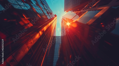 Tall buildings rising with an upward arrow close up, focus on, copy space Dynamic urban shades Double exposure silhouette with achievement