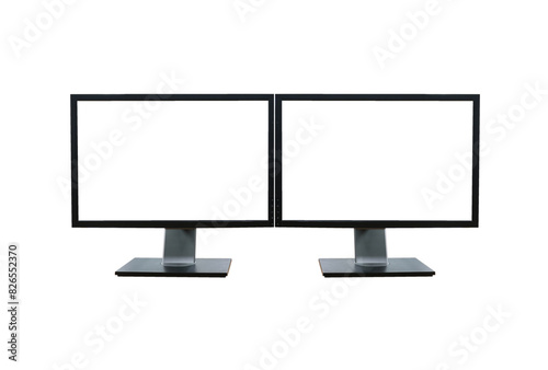 Front shot of dual blank white screen display computer monitor isolated on white background