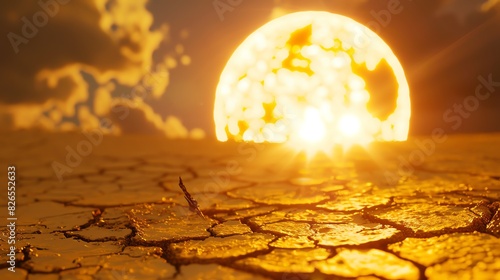 Dramatic image of a scorching sun over cracked, arid ground, highlighting the effects of extreme heat and drought on the environment.