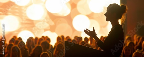 Silhouette of a woman speaking at a conference with a bright, blurred background and an audience listening attentively.