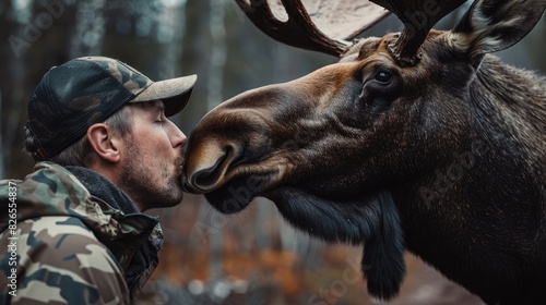 A man in a camouflage jacket kissing a moose s nose up close