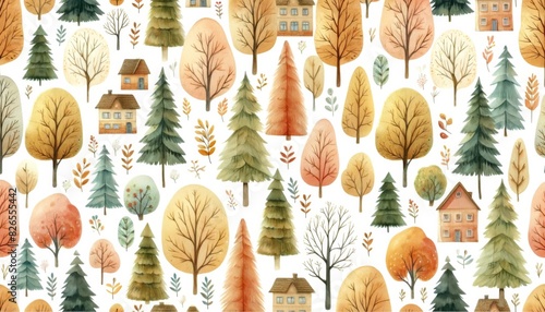 Beautiful illustration of colorful autumn trees in a pattern background.