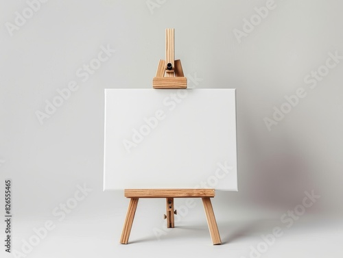 A wooden easel holding a blank canvas isolated against a simple, light background. Ideal for art and design themes.