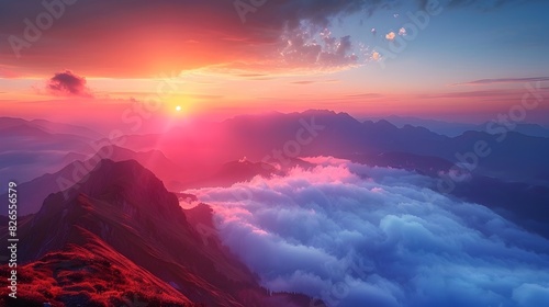 Majestic Mountain Panorama with Breathtaking Sunset Glow and Enveloping Cloud Formations Evoking Awe and Tranquility in the Natural Landscape