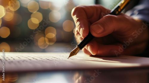 Close-up of a hand writing with a fountain pen on paper with bokeh lights in the background. Macro photography with warm lighting. Writing and creativity concept for design and poster.