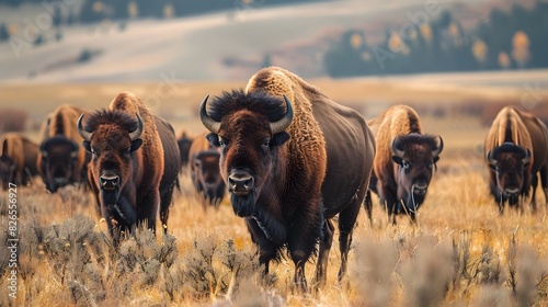 Bison Herd Grazing on North American Plains A Majestic Display of Strength and Tranquility
