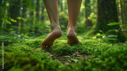 Bare feet walking barefoot outdoors in nature
