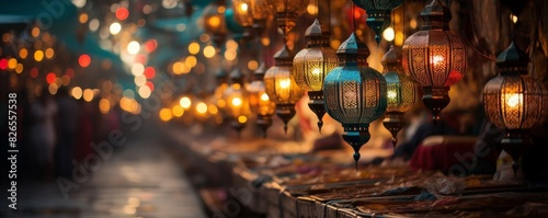 Intricately designed lanterns, representing cultural festivity focus on, theme of tradition, ethereal, overlay, street market backdrop