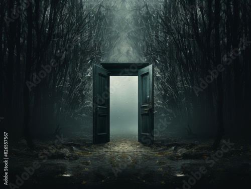 Mystical door in the middle of nowhere, highlighting the unknown copy space, theme of mystery, surreal, composite, foggy forest backdrop