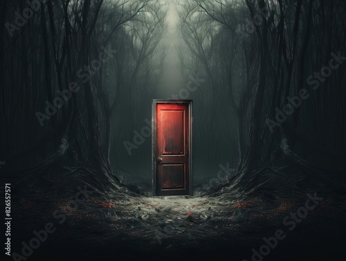 Mystical door in the middle of nowhere, highlighting the unknown copy space, theme of mystery, surreal, composite, foggy forest backdrop