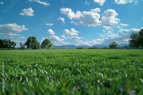 Zielona łąka pod błękitnym niebem z chmurami