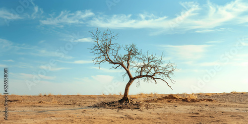 Abnormal heat, drought. A lone withered tree standing against a barren landscape, with bare branches and withered leaves, symbolizes the harsh effects of drought.