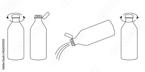 New tethered caps in EU. Bottle cap icon. Editable stroke. Vector illustration. New cap attached to plastic bottle, connected to the neck of the bottle by solid tab attached to safety ring. 