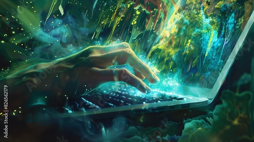 Dive into a world of endless possibilities as a hand explores the boundless capabilities of a laptop, engaging in activities that transcend traditional boundaries and limitations