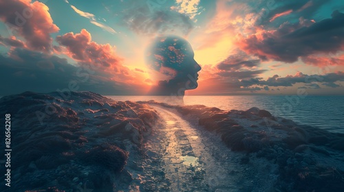 Traverse the surreal landscape of the mind with a sculptural head silhouette as your guide, its open mind illuminating the path to surrealistic enlightenment