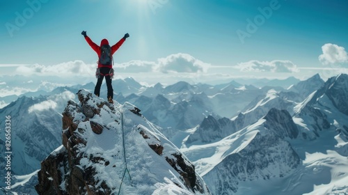 Perseverance: Climber Reaching Peak with Triumph on Snowy Mountain