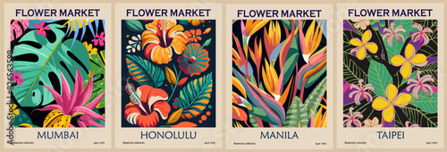 Set of abstract Flower Market posters. Trendy botanical wall arts with exotic floral design in vivid bright colors. Modern naive groovy funky interior decorations, paintings. Vector art illustration.
