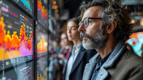 A group of researchers discussing data in front of a large computer screen displaying complex graphs and charts List of Art Media Photograph inspired by Spring magazine