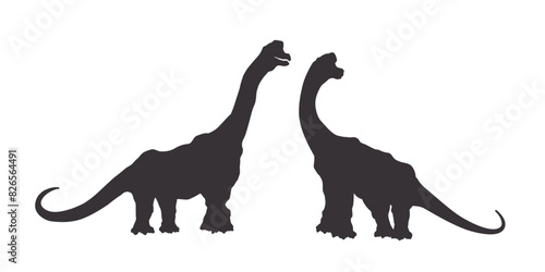 Isolated silhouettes of a pair of dinosaurs. Animals of the Jurassic period. Black drawing of ancient monsters. Sketch of prehistoric reptiles