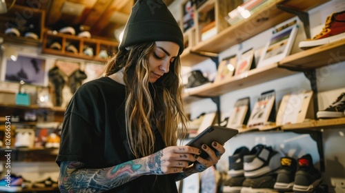 A young tattooed woman with long hair wearing a black beanie working in a sneaker shop, holding tablet while standing Shelves displaying shoes.