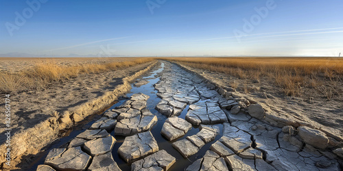 Abnormal heat, drought. Photo of a cracked, barren and water-deprived river bed with dry rocks and parched soil stretching into the distance under a cloudless sky