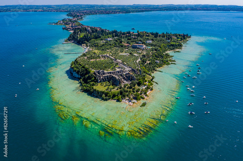 Aerial View of Sirmione Peninsula on Lake Garda, Scenic Historic Waterfront and Ruins in Italy