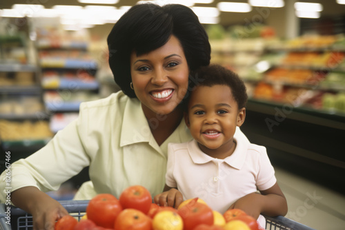 Smiling African American Mother and Daughter Grocery Shopping