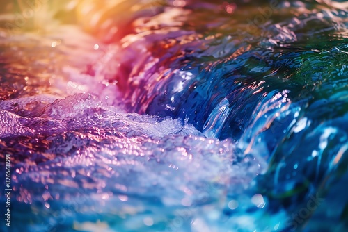 Colorful close-up of a flowing water stream with vibrant, iridescent hues. Nature's beauty captured in a dynamic, abstract composition.