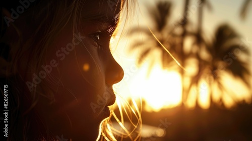 The woman gazes at the sunset with palm trees silhouetted against the fiery sky, creating a mesmerizing event of tints and shades in the darkness AIG50