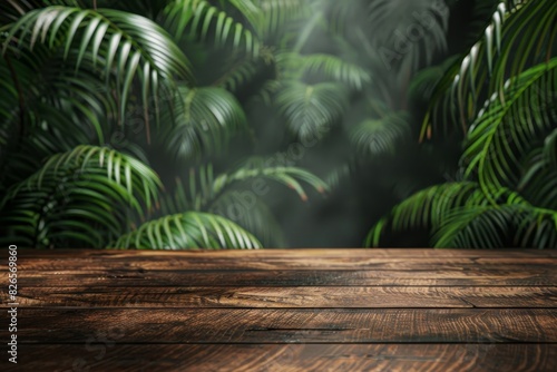 An empty rustic wooden plank table top with a blurred background of a lush jungle, providing ample copy space