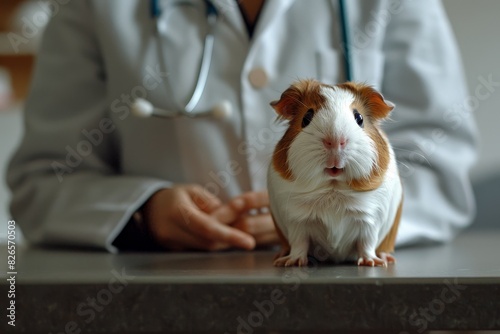 A guinea pig being examined at the veterinarian office, with a stethoscope and medical equipment visible. The scene captures the care and attention given to pets during veterinary visits.